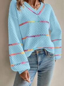 EMERY ROSE Loose Fit Striped Knit Sweater For Women, Autumn/Winter - Baby Blue - View 4