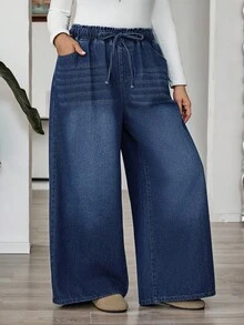 SHEIN CURVE+ Damen dunkelblau Herbst und Winter Jeans mit elastischem Bund und Taschen, lässig und weit geschnitten, Outfits für Damen, Halloween Kostüme, Landhausstil für Damen, schick für den Herbst