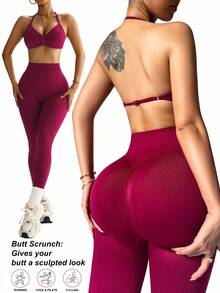 Dewbera Women's Halter Backless Bodycon Binding Leg 2 Pieces Activewear Set Workout Sets - Burgundy - View 3