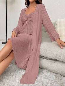 Solid Cami Nightdress & Ruched Frill Trim Robe Pajama Set, Fall Winter Clothes - Dusty Pink - View 6