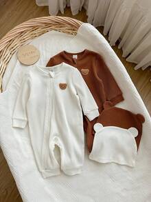 SHEIN Newborn Ribbed Crew Neck Long Sleeve Zipper Casual Jumpsuit Baby Zipper Jumpsuit Ribbed Baby Jumpsuit Newborn Zipper Suit Baby Clothes Unisex Baby Bear Jumpsuit Fall Winter - Multicolor - View 4