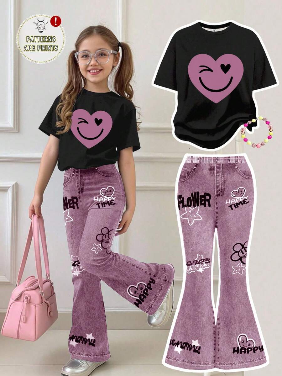 SHEIN Leap Crew Bộ 2 áo thun cổ tròn tay ngắn in hình trái tim và mặt cười thoải mái cho bé gái tuổi teen và quần ống loe, phù hợp cho mùa hè, mặc ở nhà, đi chơi, chụp ảnh đường phố, đi học - Nhiều màu - Xem 1