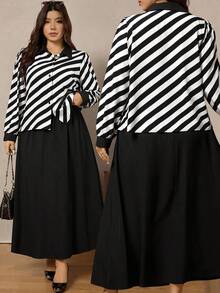 Zelara Conjunto informal de 2 piezas de camisa de manga larga con botones a rayas y falda evasé para mujer de talla grande