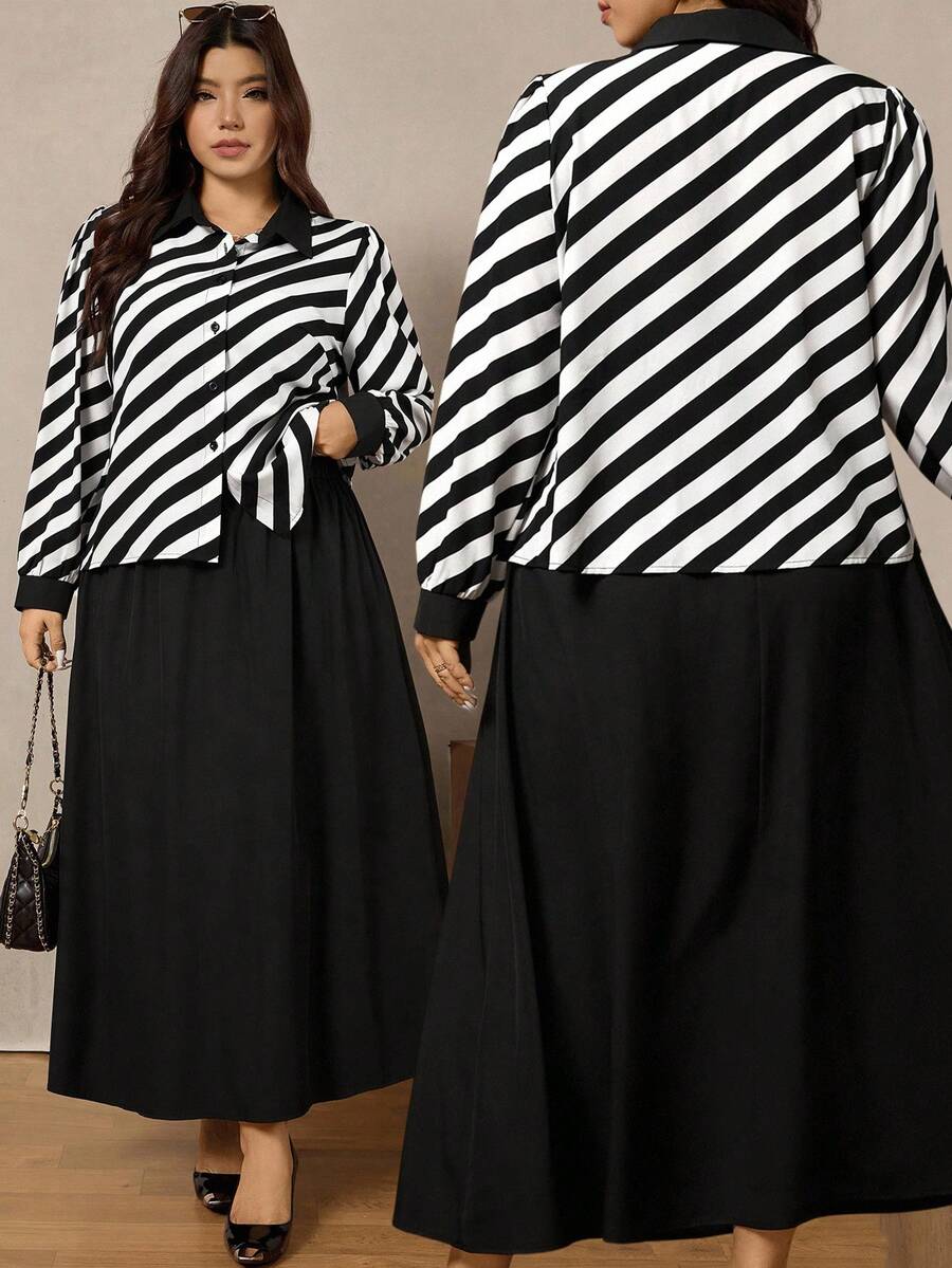 Zelara Conjunto informal de 2 piezas de camisa de manga larga con botones a rayas y falda evasé para mujer de talla grande