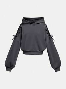 SHEIN Girlism 少女万圣节时尚街头风耳朵图案长袖抽绳休闲套头卫衣，蝴蝶结卫衣，少女深灰色卫衣，少女短款卫衣，秋冬季 - 深灰色 - 查看 3