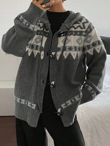 Livesso Women's Loose Business Casual Colorblock Plaid Rhinestone Horn Button Decor Hooded Cardigan Knit Top, Autumn/Winter - Grey - View 1