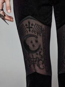 ROMWE Goth 哥特式宫殿风格万圣节月亮十字架刺绣装饰天鹅绒裤 - 黑色 - 查看 4