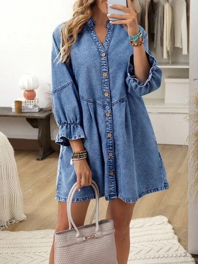 EMERY ROSE Women's V-Neck Ruffle Sleeve Single-Breasted Casual Loose Denim Dress Simple Metallic Women's Office Blazer/Women's Vintage Clothing/Women's Office Clothing/Business Casual Women's Wear/Night Out/Evening Dress/Old Money Style