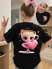 SHEIN Kleine Mädchen Lässig Modisch Kreativ Cartoon Tasse Ballett Kleine Mädchen Herz Grafik Muster Basic Kurzarm T-Shirt, Kleine Mädchen Schwarz Langarm Kawaii Süß Langarm T-Shirt - Schwarz - Übersicht 3