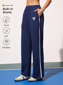 CourtClass Sweat-shirt-shirt décontracté pour femmes avec rayures latérales contrastées, pantalon de sport ample avec poches, convient pour le sport, le tennis, le port quotidien. Pantalon de tennis, pantalon de gym, pantalon de sport, pantalon de golf, pantalon de jogging, pantalon de jogging à jambes larges, pantalon d'athlétisme pour femmes - Bleu marine - Voir 1
