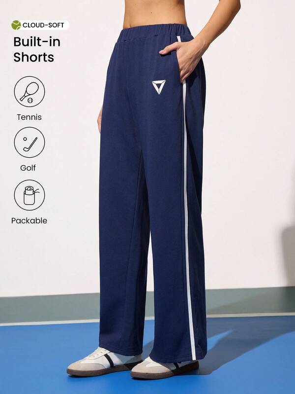 CourtClass 女式休闲运动衫，撞色侧条纹，宽松运动裤，带口袋，适合运动、网球、日常穿着 网球裤 健身裤 女式运动裤 高尔夫裤 女式运动裤 女式运动裤 阔腿运动裤 女式运动裤