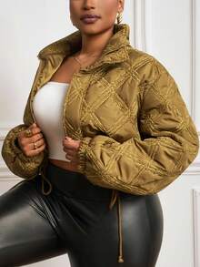 Veslaya Áo khoác ngắn tay dài màu nâu trơn, chất liệu cotton có họa tiết, thích hợp cho mùa Thu/Đông, phong cách thường ngày, đi học và thư giãn, dành cho nữ cỡ lớn. - màu nâu - Xem 2