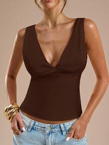 SHEIN BAE 纯色V领修身背心，适合度假、海滩、音乐节、早午餐、婚礼宾客、伴娘、春夏穿着，棕色上衣 - 咖啡棕 - 查看 7