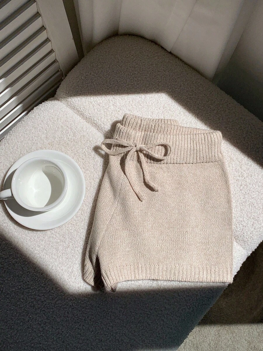 Comfortcana 高腰松紧带休闲百搭纯色针织短裤，秋季 - 杏色 - 查看 1