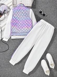 SHEIN 青少年女孩绗缝背心和心形贴花运动衫和裤子休闲保暖实用 3 件套秋冬季服装 - 淡紫色 - 查看 2