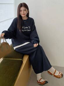 Dazy Plus 2pcs/Set Women Casual Letter Print Loose Fit Crew Neck Long Sleeve Sweatshirt And Mini Skirt, Plus Size, College Style Fall/Winter