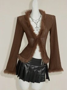 SHEIN ICON 女式复古波西米亚性感 Y2K 针织提花拼布毛领棕色 T 恤 - 棕色 - 查看 3