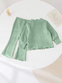 SHEIN Babygirl Green Ruffle Trim Long Sleeve Top And Elastic Waist Flare Pants Set, Autumn/Winter Mint Green Baby Girl Set Baby Girl Mint Green Outfit Toddler Girl Green Outfit Set Baby Girl Green Outfit Set Woven Green Outfit Set Baby Fall - Green - View 2