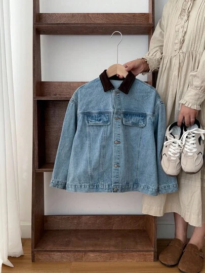 SHEIN Tween Boys Fashion Casual Y2k Vintage Cool Street Returns To School College Boy Streetwear Comfortable Old Money Style Blue Denim Patchwork With Dark Coffee Velvet Collar Loose Lapel Long-Sleeved Jacket For Kids Clothes Tween Boys Soft Dailywear And Kids Winter And Fall Rave Outfits Festival And At Home Outfits Streetwear School Clothes Kids Blue Jean Jacket Boys Jean Jacket