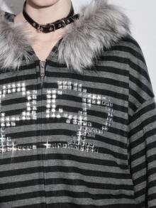 ROMWE Avant Y2K Kpop 街头风休闲黑灰条纹人造毛皮拼接水钻装饰宽松连帽衫（女款） - 黑色 - 查看 7