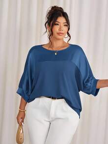 Cravure Plus Size Round Neck 3/4 Sleeve Metallic Fabric Patchwork Contrast Color Woven Fabric Cuff Raglan Sleeve Casual Outgoing Holiday Commute Party Pullover Shirt - Cadet Blue - View 1