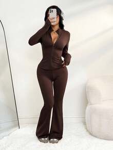 SHEIN PETITE 2件套女士纯色修身长袖上衣和裤子套装 - 咖啡棕 - 查看 1