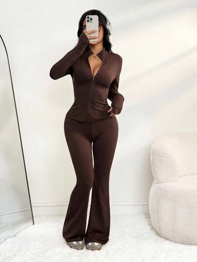SHEIN PETITE 2pcs Women Solid Color Fitted Long Sleeve Top And Pants Set Brown Body Suit Brown Two Piece Set Women 2 Piece Lounge Sets Woman Brown Jumpsuit Women Long Sleeve Jumpsuits For Woman Brown 2 Piece Set Sexy Jumpsuits Brown Lounge Set,Fall,Fall Clothes For Women