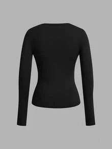 SHEIN EZwear Bộ 3 áo thun dài tay cổ chữ V sâu ôm vừa vặn cho nữ, phù hợp cho mùa thu/đông - Nhiều màu - Xem 9