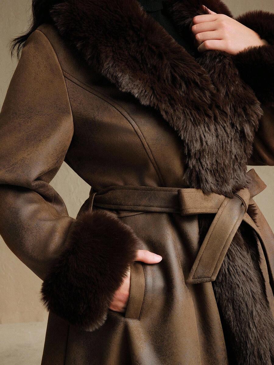 Anewsta Manteau mi-long ceinturé avec bordure en fausse fourrure élégant et pour femmes, grande taille, automne/hiver - Tabac - Voir 1