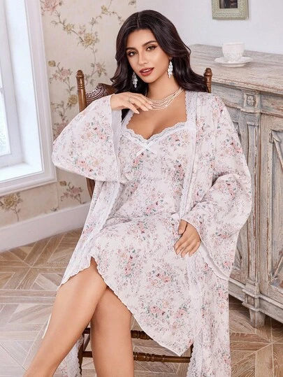 CottageSlumber Plus Size Floral Lace Patchwork Robe And Camisole Nightgown 2 Pieces Set, Romantic French Style Plus Size Sleepwear Set Nightgown And Robe Set Floral Sleepwear Set Plus Size Lounge Sets Plus Size Nightwear, Fall Clothes