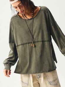 Bohemela Autumn Boho Music Festival Halloween Casual Solid Color Knit Crew Neck Long Sleeve Loose Washed Women T-Shirt