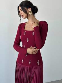 Firerie Women's Elegant Burgundy Autumn Square Neck Pearl Long Sleeve Pleated Hem A-Line Maxi Dress,Refined Dining Party Christmas New Year Clothes - Red Violet - View 3