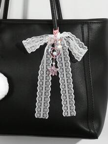 ROMWE Kawaii 3pcs Cute Fluffy Pink Plush Donut, Swirl, Resin Acrylic Butterfly, Heart, Star + 80cm White Lace Headband Combo Set, Keychain Bag Charm, Suitable For Women/Girls Daily Wear, Holiday Gift - Pink - View 8