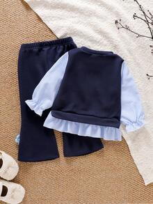 SHEIN Conjunto de 2 piezas de ropa para niñas bebé con top de manga larga a rayas con decoración floral azul cómodo y elegante, combinado con pantalones casuales acampanados azules