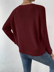 SHEIN LUNE Sweater Kasual Wanita Warna Polos Leher V Lengan Raglan, Musim Gugur/Dingin - Rose Red - View 2