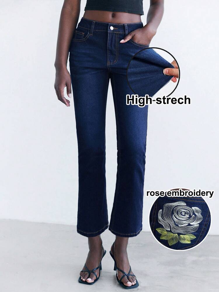 SHEIN Maija Women's Dark Blue Jeans Low-Rise Cropped Flared Comfortable Stretch Denim Pockets Rose Embroidery Autumn New Style Denim Jeans