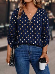 Plus Size Gold Oval Dot Print Roll Sleeve Shirt Fall Cloth For Women - Navy Blue - View 5