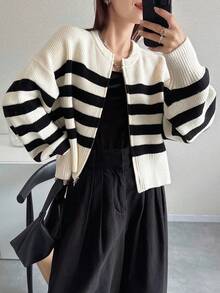 FRIFUL Women's Beige Round Neck Loose Casual Cardigan With Black Stripes, Metal Double-Zipper Cuffs, Versatile For Autumn - Black - View 4