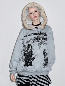 ROMWE Áo nỉ lông cừu in hình đầu lâu chữ đen Halloween kiểu cũ - Xám - Xem 4