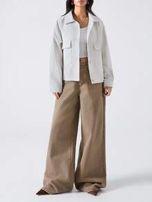 LYSMO Jaqueta Casual Feminina de Manga Longa, Bolso Cargo de Abotoamento Único, Cor Sólida, Outono - Branco - Visão 3