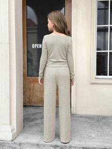 SHEIN 青少年女孩秋冬休闲时尚百搭罗纹露肩/露肩两用 T 恤上衣带口袋和直筒裤套装，适合周末、休闲外出、返校