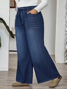 SHEIN CURVE+ Damen dunkelblau Herbst und Winter Jeans mit elastischem Bund und Taschen, lässig und weit geschnitten, Outfits für Damen, Halloween Kostüme, Landhausstil für Damen, schick für den Herbst