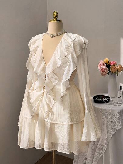 Sweetra Plus Size Ruffle Trim Bell Sleeve Elegant Two Pieces Set Fall Cloth For Women