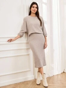 Miaspire Women's Bat Wing Crew Neck T-Shirt And Midi Pencil Skirt 2pcs Casual Outfit Set, Textured Fabric, Elegant For Work & Outings In Fall/Winter