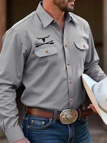 Manfinity Nomadique 男士西部牛仔风格长袖衬衫 男士西部衬衫 牛仔竞技衬衫 男士休闲正装衬衫 浅灰色衬衫 灰色西部衬衫 - 淺灰色 - 查看 3