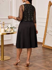 SHEIN Lady Women's Metallic Star Mesh 3/4 Sleeve Top And Sleeveless Dress Elegant 2 Pieces Set