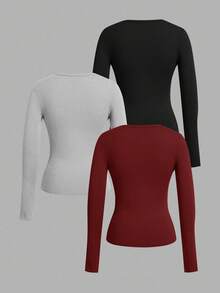 SHEIN EZwear Bộ 3 áo thun dài tay cổ chữ V sâu ôm vừa vặn cho nữ, phù hợp cho mùa thu/đông - Nhiều màu - Xem 2