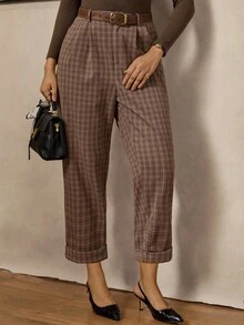 Zelara Plus Size Women Retro Plaid Casual Commuter Pants Plaid Pants Paper Bag Pants Brown Pants For Women Checkered Pants Cropped Plaid Pants Brown Pants All Clothes For Women Winter Clothes For Women Brown Pants Women's Winter Clothes Fall Clothes For Women Thanksgiving Outfit For Women Casual Dresses For Women Cropped Pants