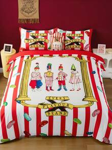 HARRY POTTER X SHEIN 三件套果冻豆印花床上用品套装，磨毛面料，柔软保暖，红色条纹被套，适用于单人床/双人床/大号床/特大号床，圣诞节礼物之选
