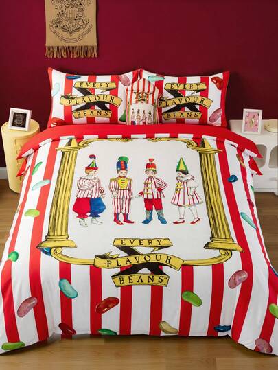 HARRY POTTER X SHEIN 三件套果冻豆印花床上用品套装，磨毛面料，柔软保暖，红色条纹被套，适用于单人床/双人床/大号床/特大号床，圣诞节礼物之选